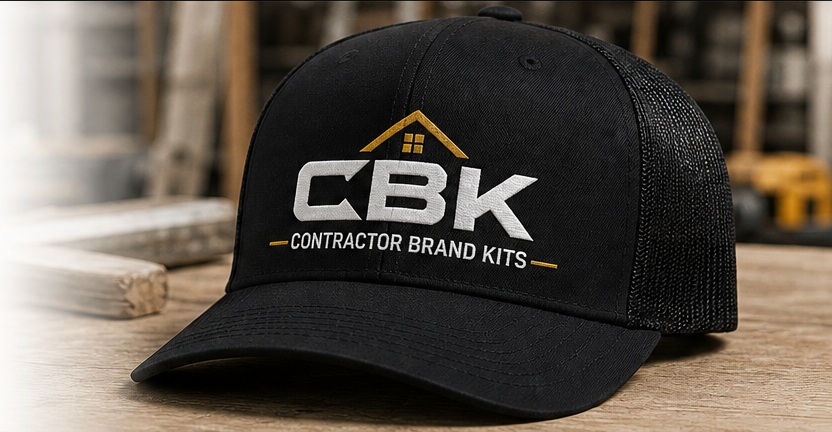 Black CBK Contractor Brand Kits hat on a construction workbench